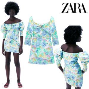 NWT Zara Poplin Off the Shoulder Mini Dress in Floral Watercolor Size M